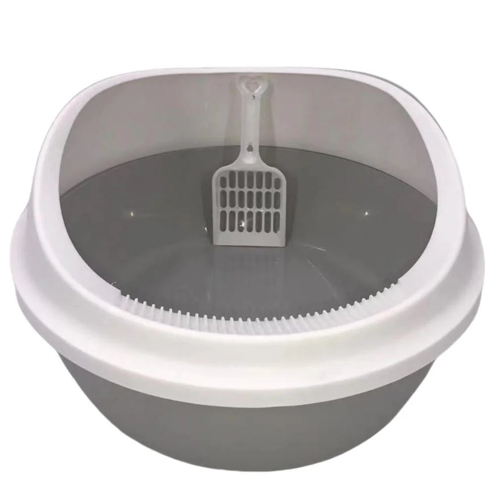 Cat Litter Box Set of 2 Grey Round Portable Tray with Scoop