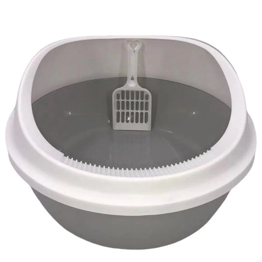 Cat Litter Box Set of 2 Grey Round Portable Tray with Scoop