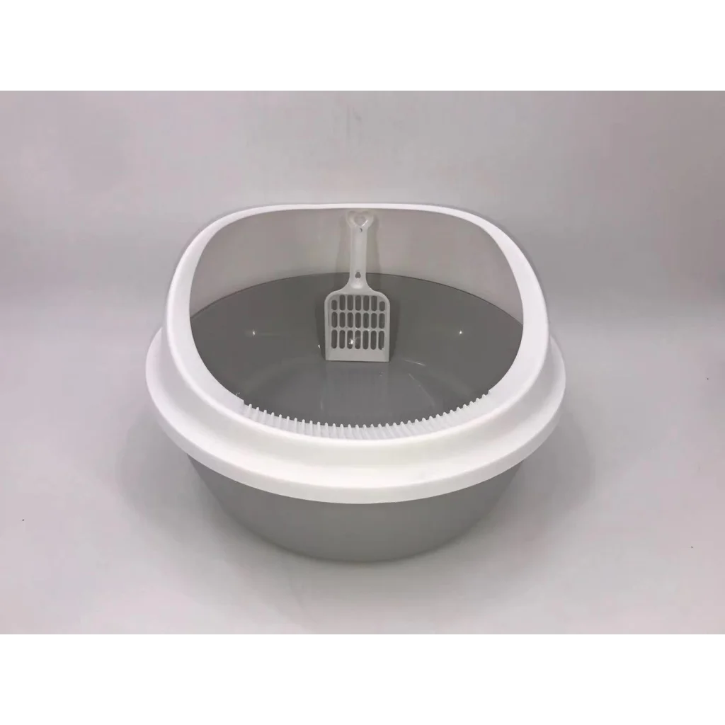 Cat Litter Box Set of 2 Grey Round Portable Tray with Scoop