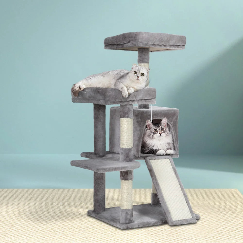 Grey wood 103cm cat tree with wooden tower shelves and scratching poles