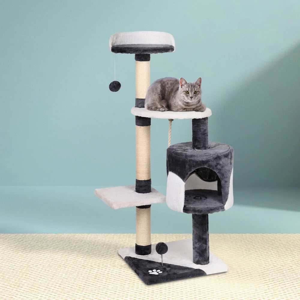 White wood 112cm cat tree with sisal scratching posts and beige platforms