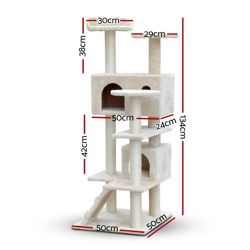 Beige wood 134cm cat tree for climbing and scratching areas