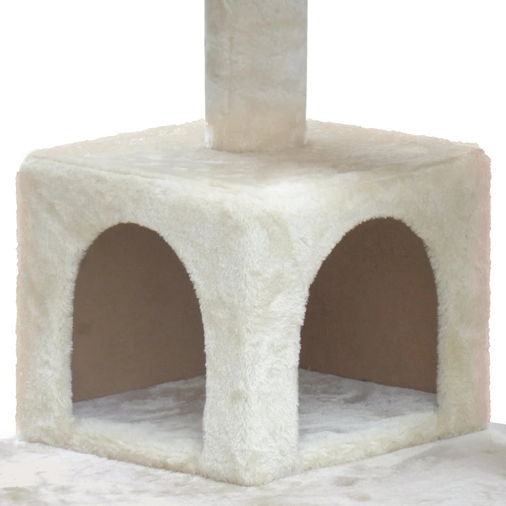 Beige wood 134cm cat tree with size cues and product form