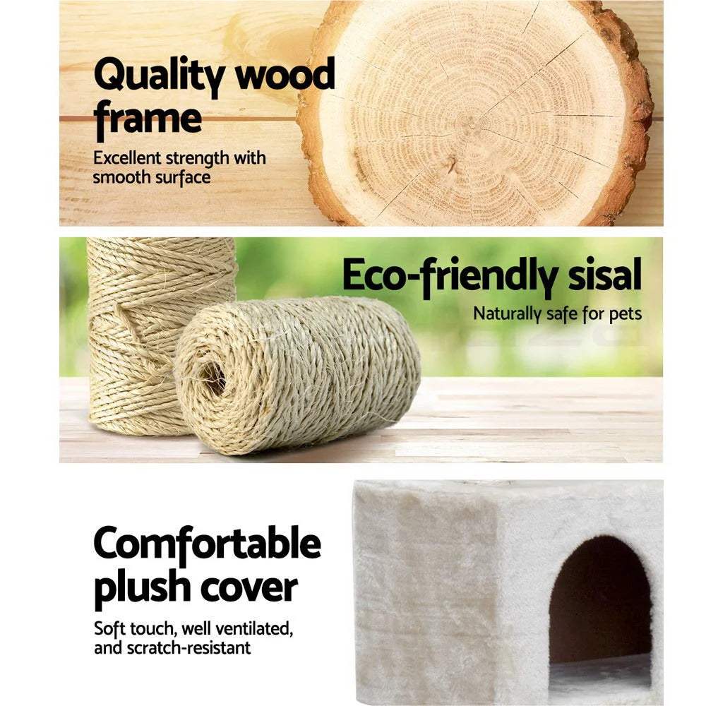 Beige wood 134cm cat tree with wooden tower shelves and scratching poles