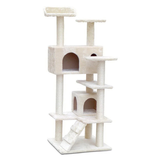 Beige wood 134cm cat tree with scratching post tower condo