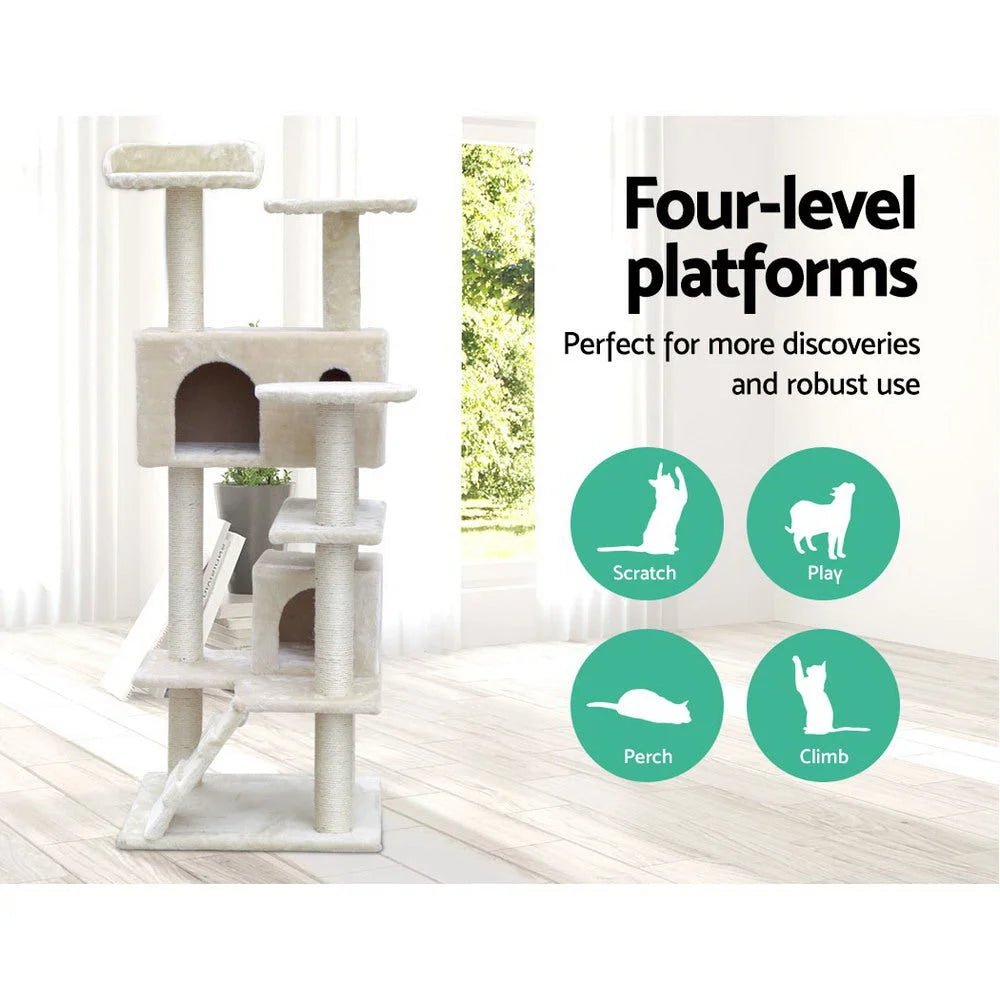 Beige wood 134cm cat tree with cat condo box and tall climbing levels