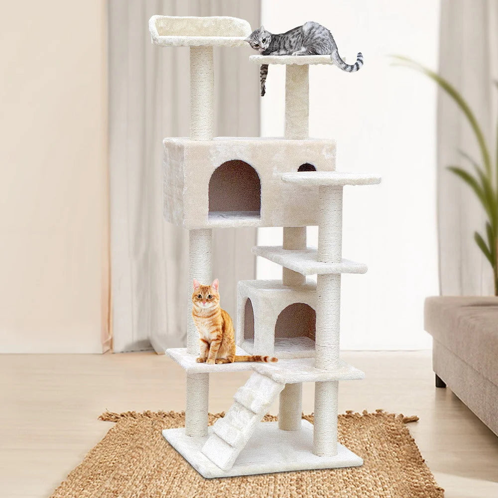 Beige wood 134cm cat tree with scratching post tower