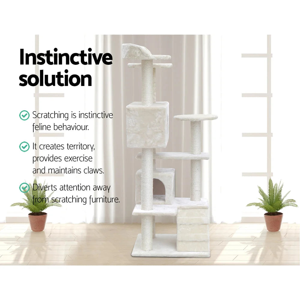 Beige wood 134cm cat tree with soft perch platforms and rope posts