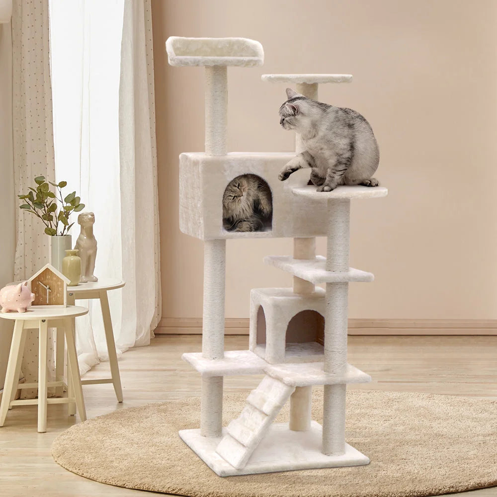 Beige wood 134cm cat tree with front casing details and fitted handles