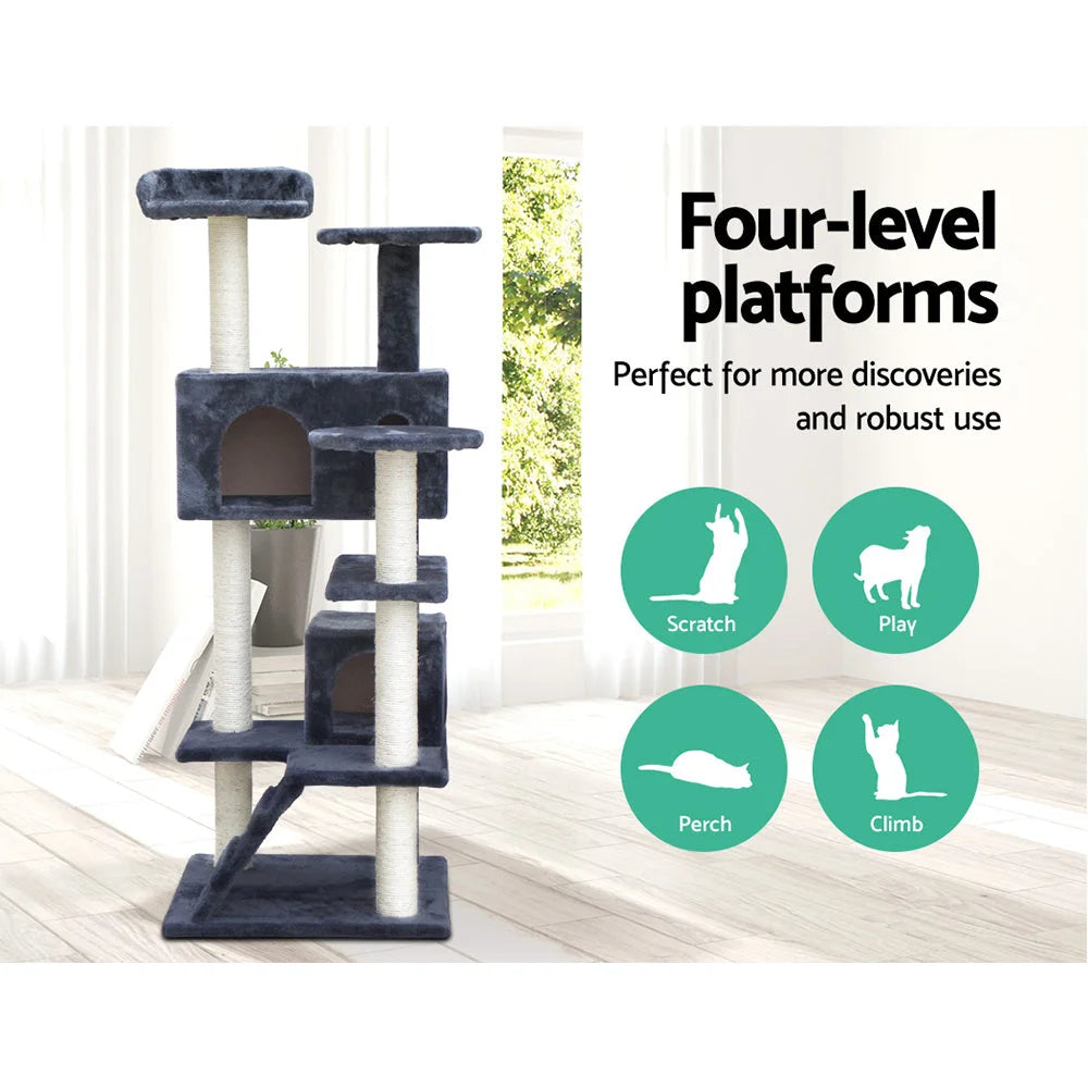Grey wood 134cm cat tree for climbing and scratching areas