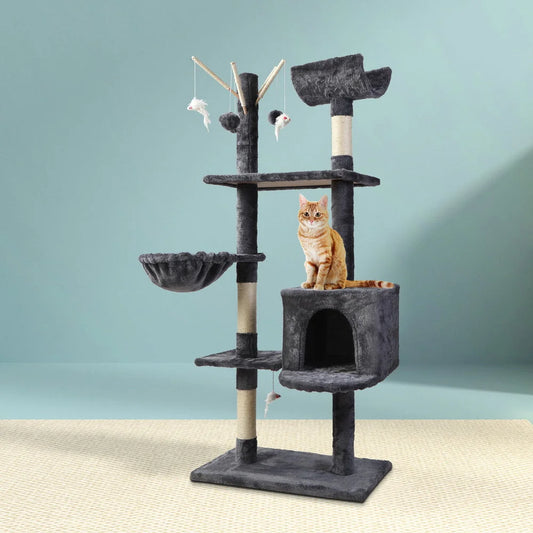 Wood cat tree with soft perch platforms and rope posts