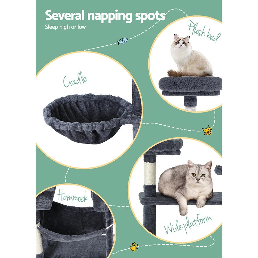 Wood 144cm cat tree with cat condo box and tall climbing levels