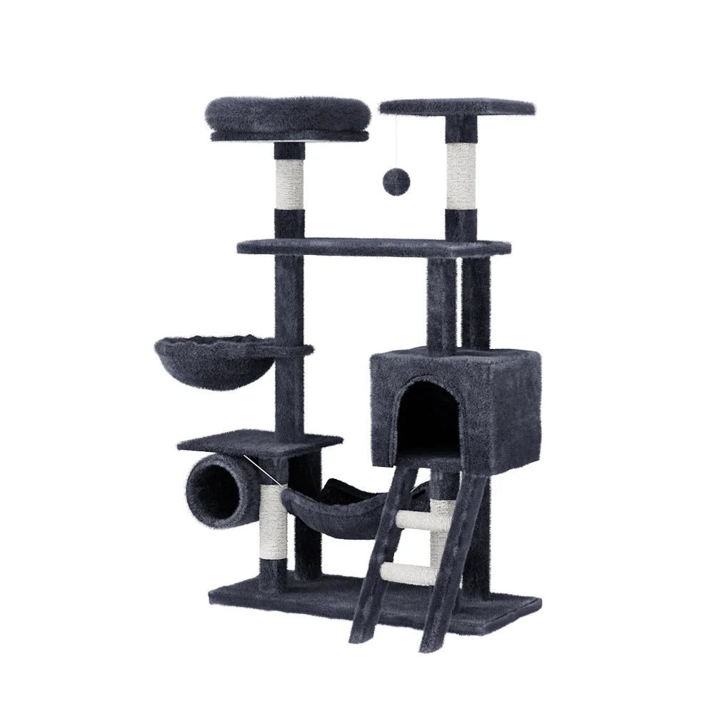 Wood 144cm cat tree with cat house cubby and upper lookout perch