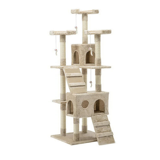 Beige wood 180cm cat tree with multi-level cat tower and round posts