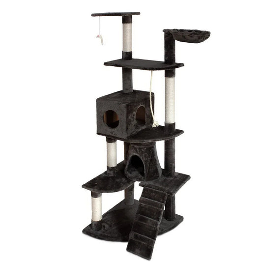 Grey wood 193cm cat tree with cat house cubby and upper lookout perch