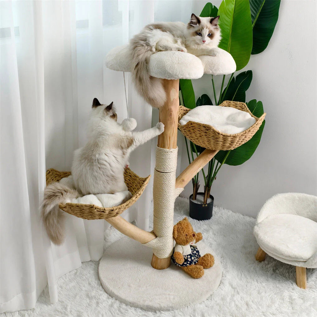 Wood cat tree with scratcher plush sisal willow