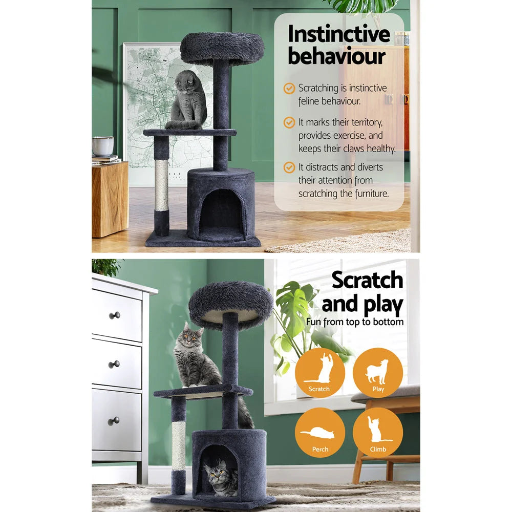 Grey 94cm cat tree with storage context and item proportions