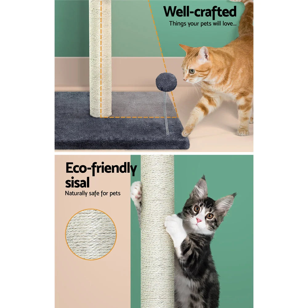 Grey 105cm cat tree with multi-level cat tower and round posts