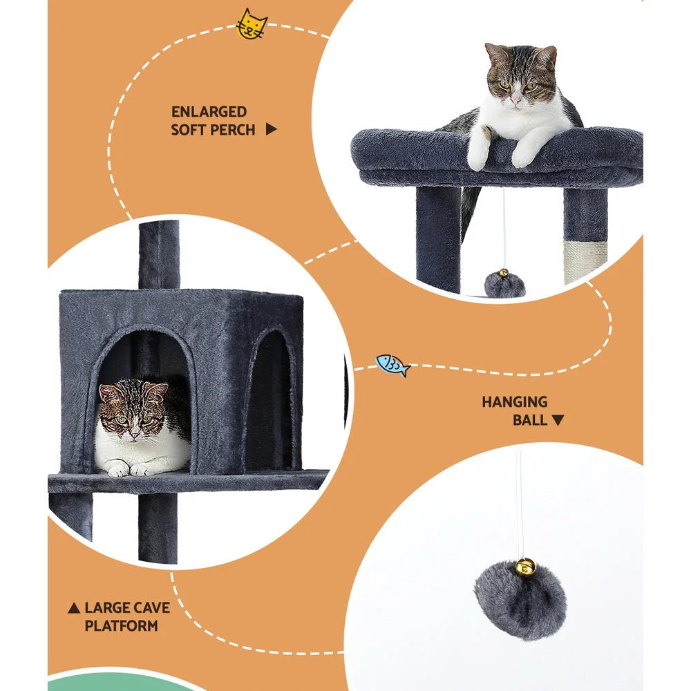 Cat Tree Tower Scratching Post Scratcher 138cm Condo House Grey close-up detail