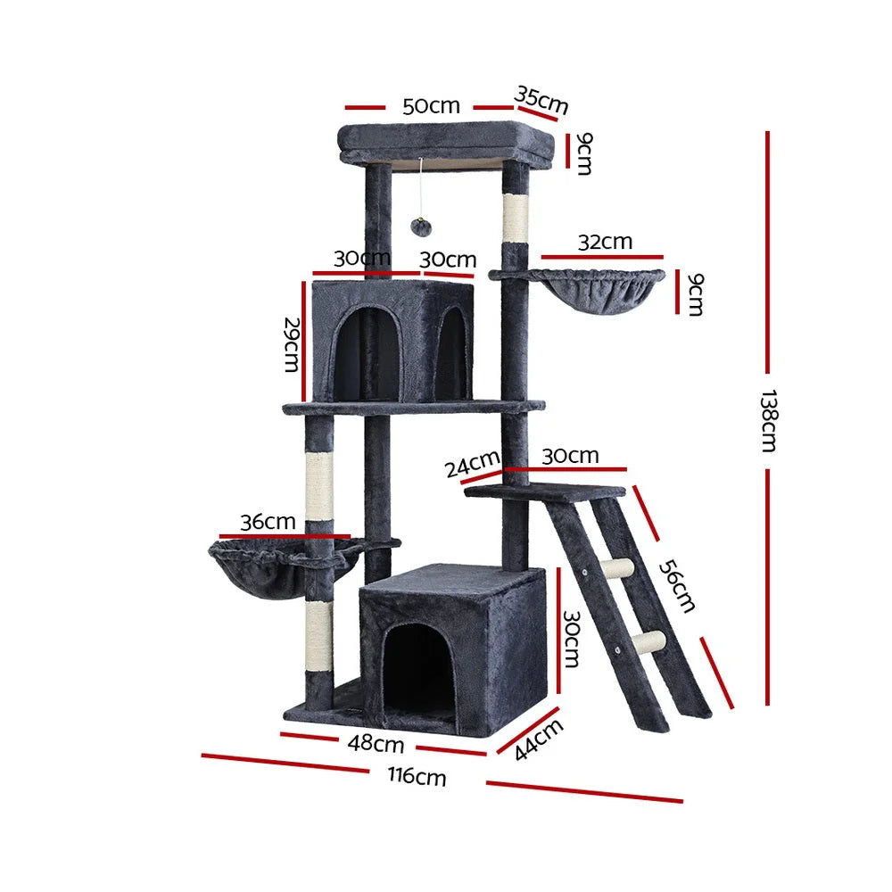 Cat Tree Tower Scratching Post with Scratcher 138cm Condo House Grey