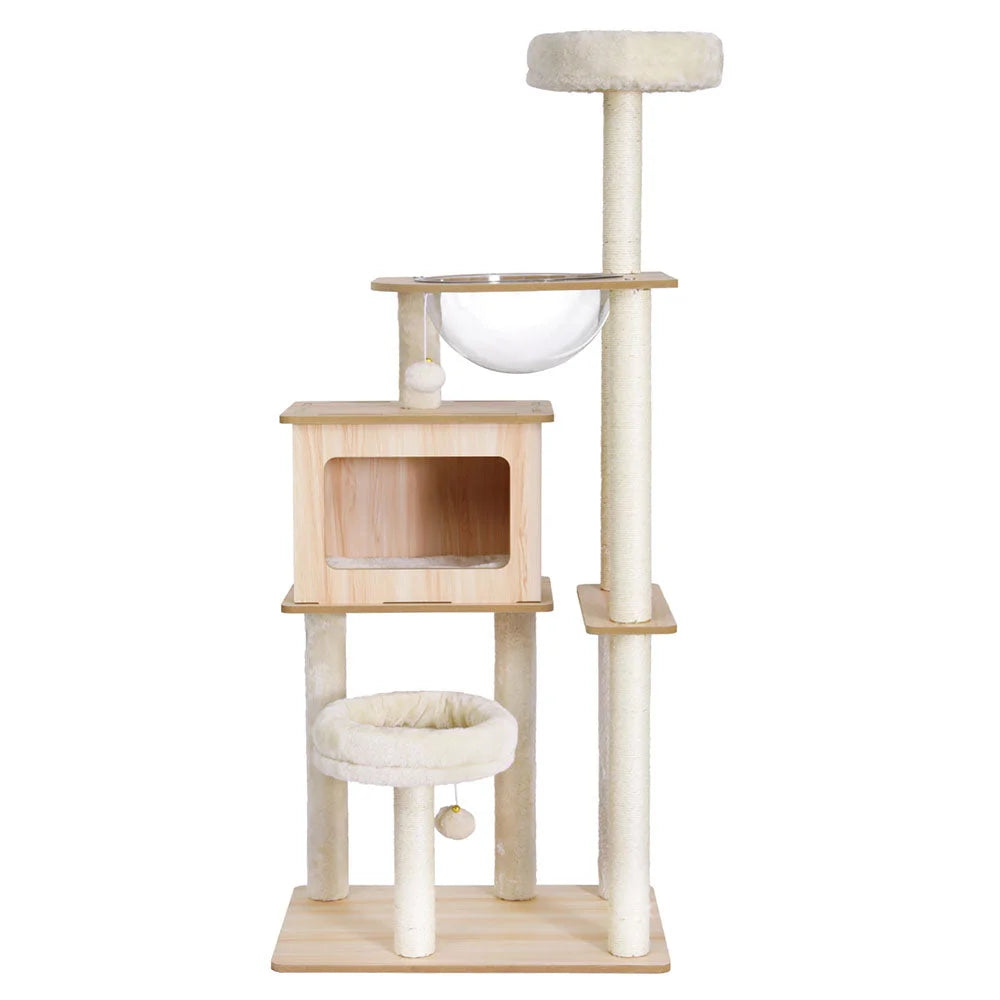 Wood 142cm cat tree with cat condo box and tall climbing levels