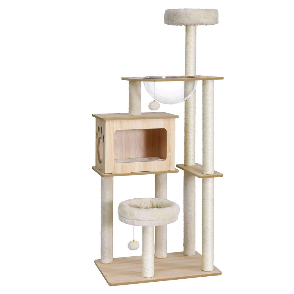 Wood 142cm cat tree with multi-level cat tower and round posts