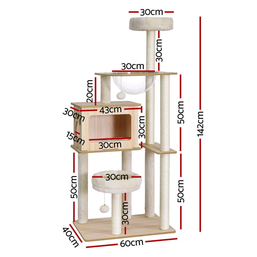 Wood 142cm cat tree with sisal scratching posts and beige platforms