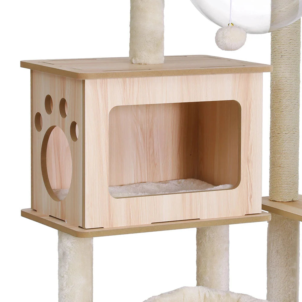 Wood 142cm cat tree with wooden tower shelves and scratching poles