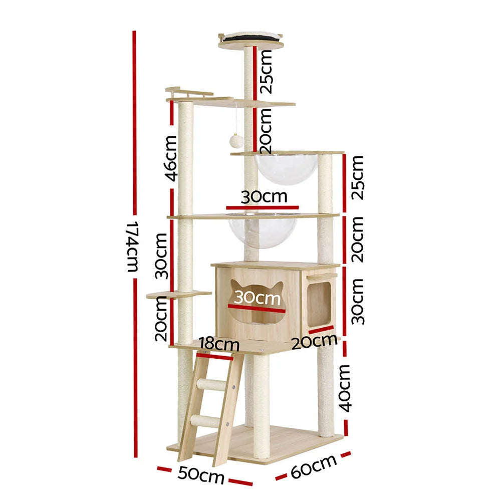 Cat Tree Tower Scratching Post Scratcher 174cm Wood Bed