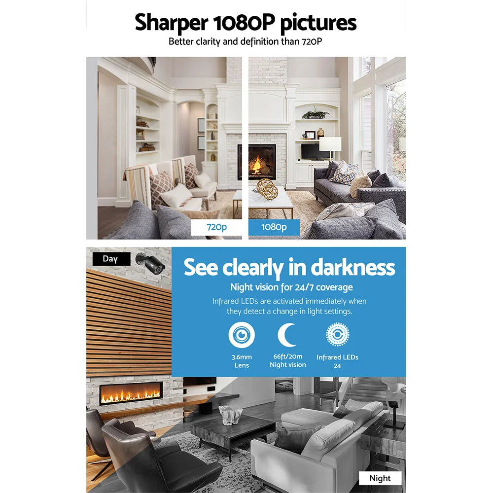 CCTV Security System 2TB 4CH DVR 1080P with 2 Camera Sets