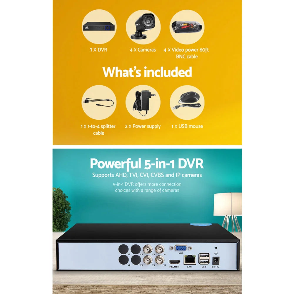 CCTV Security System 4‑CH 5‑in‑1 DVR 4 Cameras 1080P HDMI