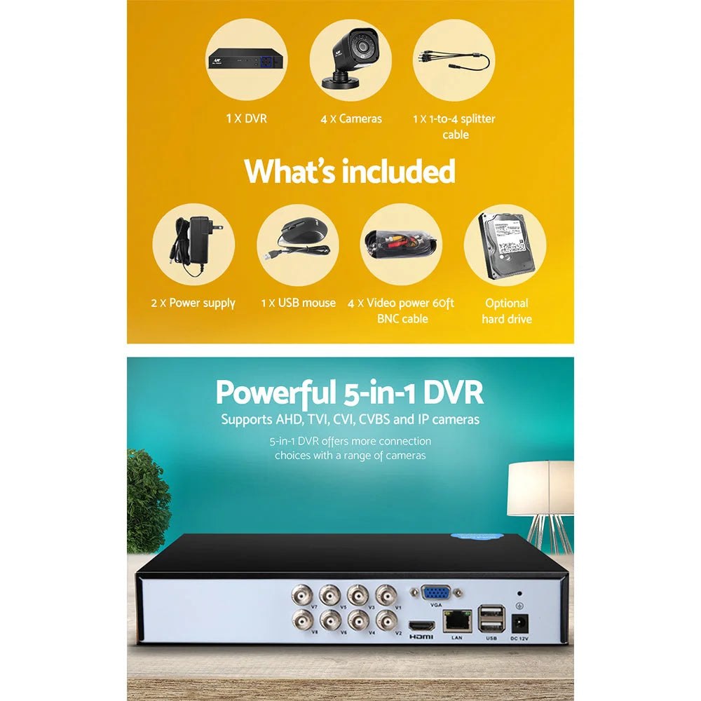 CCTV Security System 8‑CH DVR 1080P 4 Cameras 2 TB - CCTV