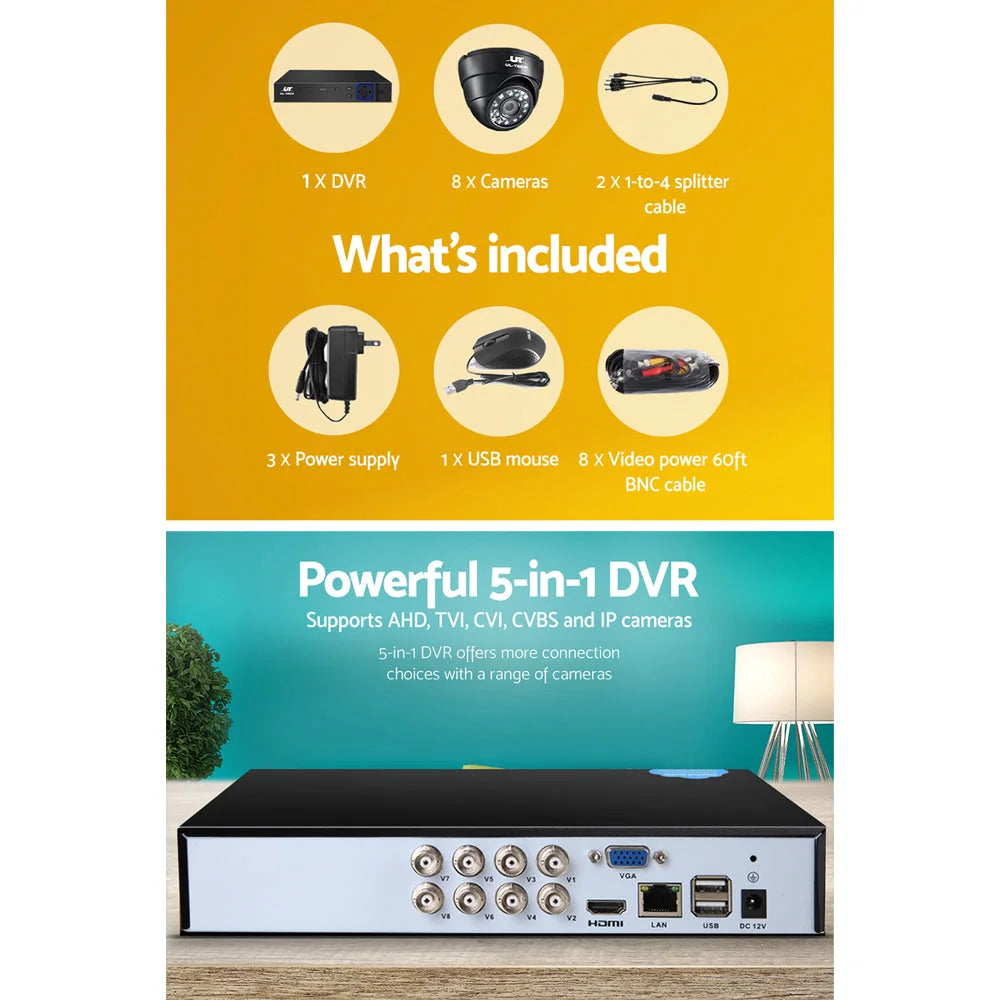 CCTV Security System 8CH DVR 1080P 8 Dome Cameras IP Long