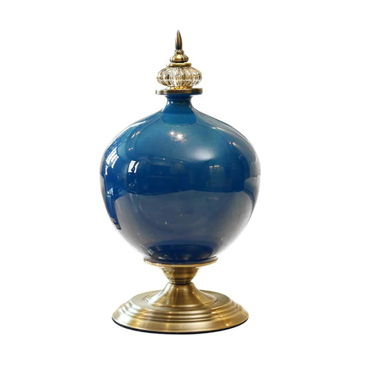 Ceramic Oval Flower Vase 38cm with Gold Metal Base - Dark Blue - Premium