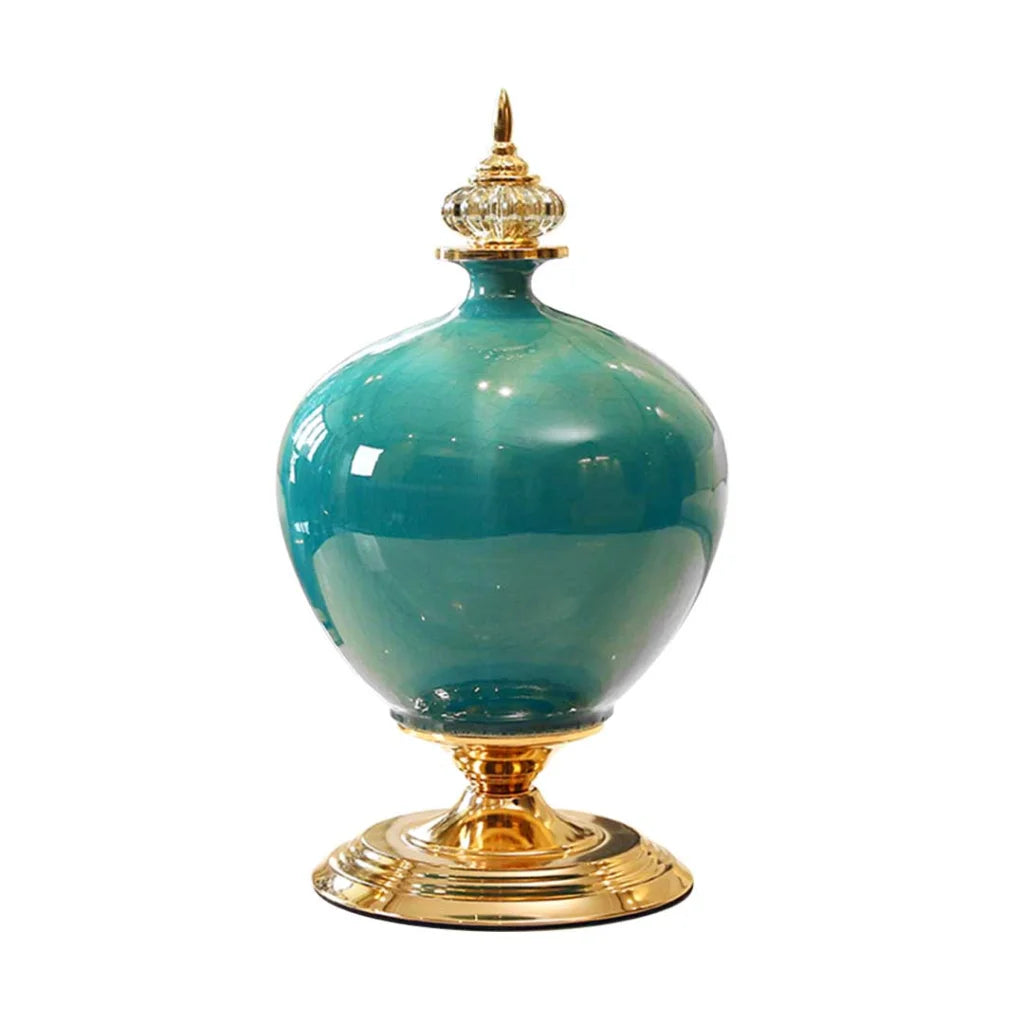 Ceramic Oval Flower Vase 38cm with Gold Metal Base - Green - Premium