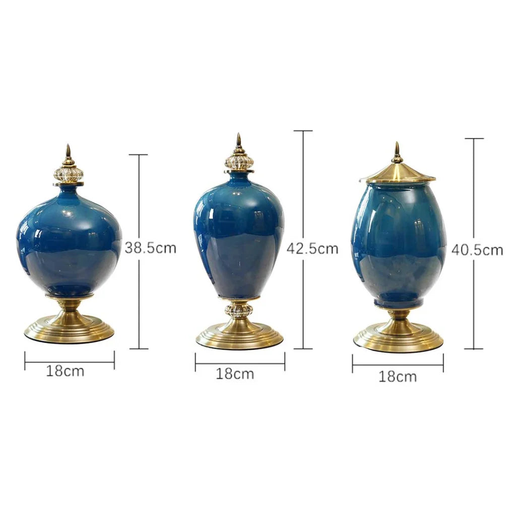 Ceramic Oval Flower Vase 3X with Blue Flower Set - Dark Blue - Premium