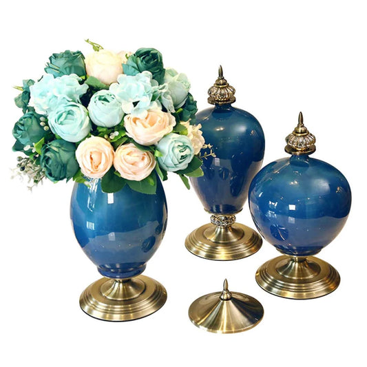 Ceramic Oval Flower Vase 3X with Blue Flower Set - Dark Blue - Premium