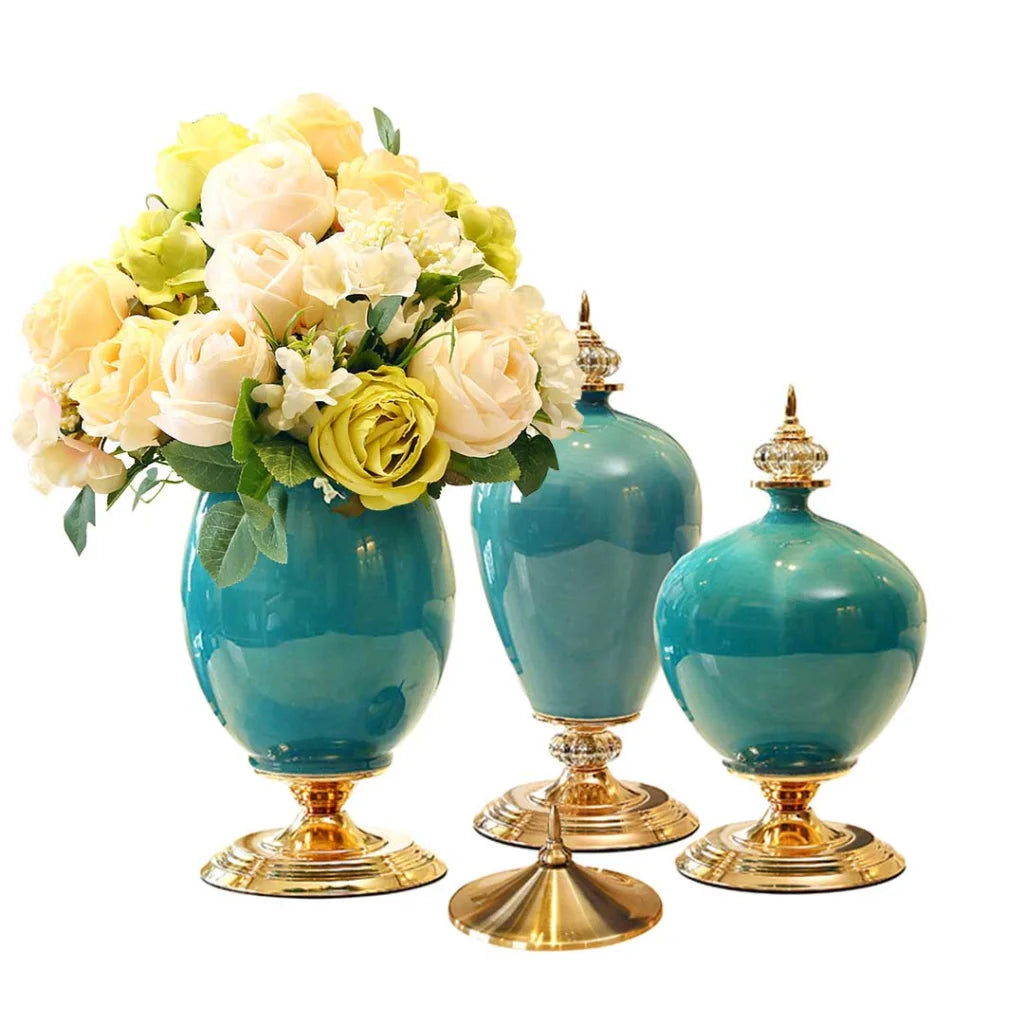 Ceramic Oval Flower Vase 3X with White Flower Set - Green - Premium