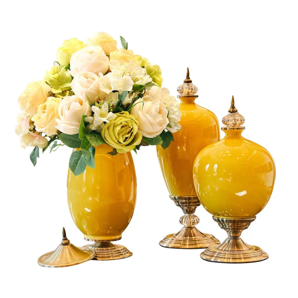 Ceramic Oval Flower Vase 3X with White Flower Set - Yellow - Premium
