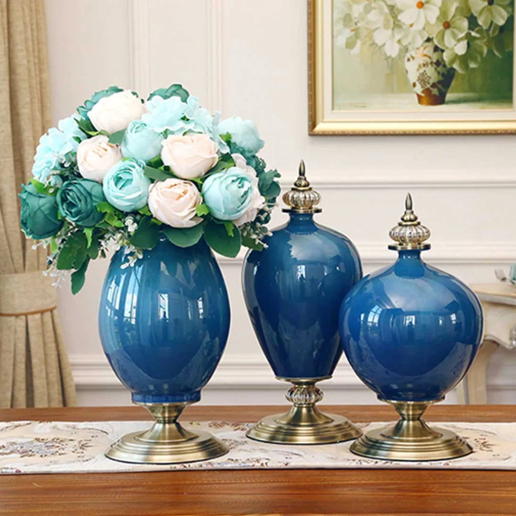 Ceramic Oval Flower Vase 40cm with Gold Metal Base - Dark Blue - Premium