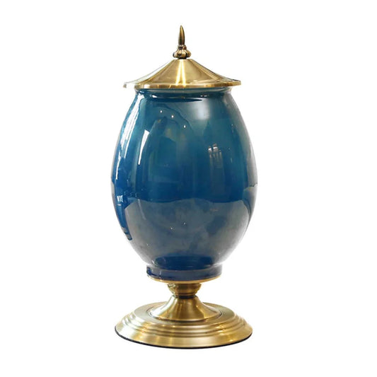 Ceramic Oval Flower Vase 40cm with Gold Metal Base - Dark Blue - Premium