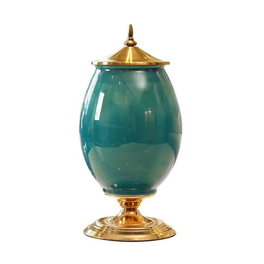 Ceramic Oval Flower Vase 40cm with Gold Metal Base - Green - Premium