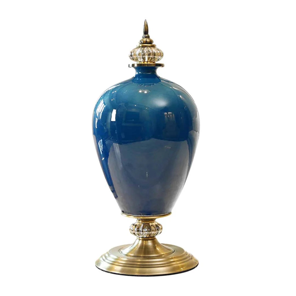 Ceramic Oval Flower Vase 42cm with Gold Metal Base - Dark Blue - Premium
