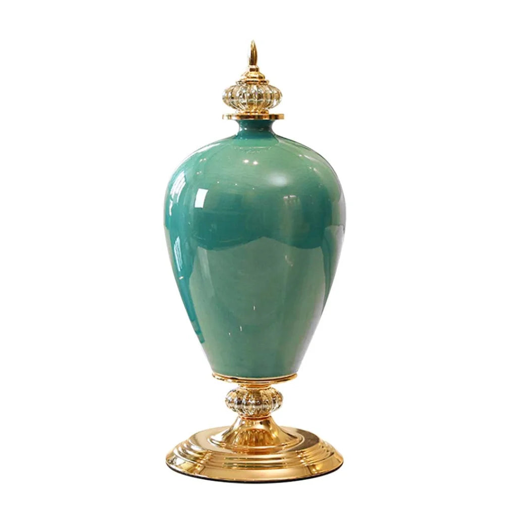 Ceramic Oval Flower Vase 42cm with Gold Metal Base - Green - Premium