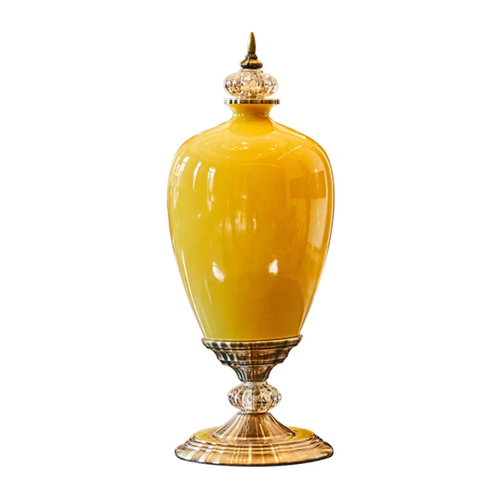 Ceramic Oval Flower Vase 42cm with Gold Metal Base - Yellow - Premium