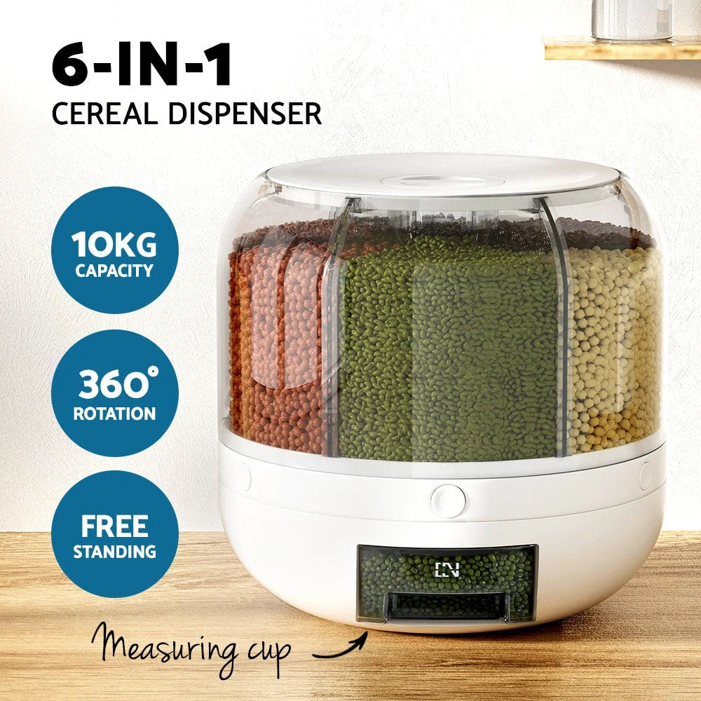 Cereal Dispenser 6-In-1 Rotating Grain Container 10KG Rice