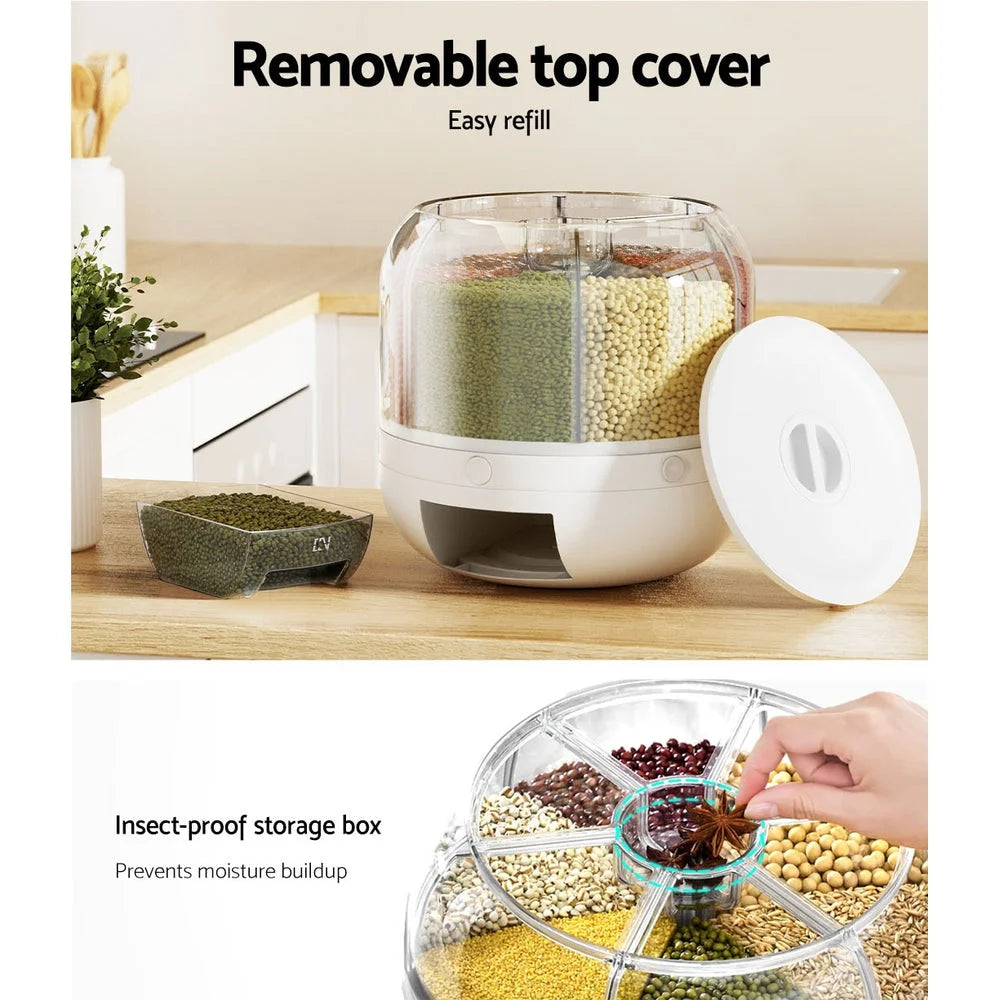 Cereal Dispenser 6-In-1 Rotating Grain Container 10KG Rice