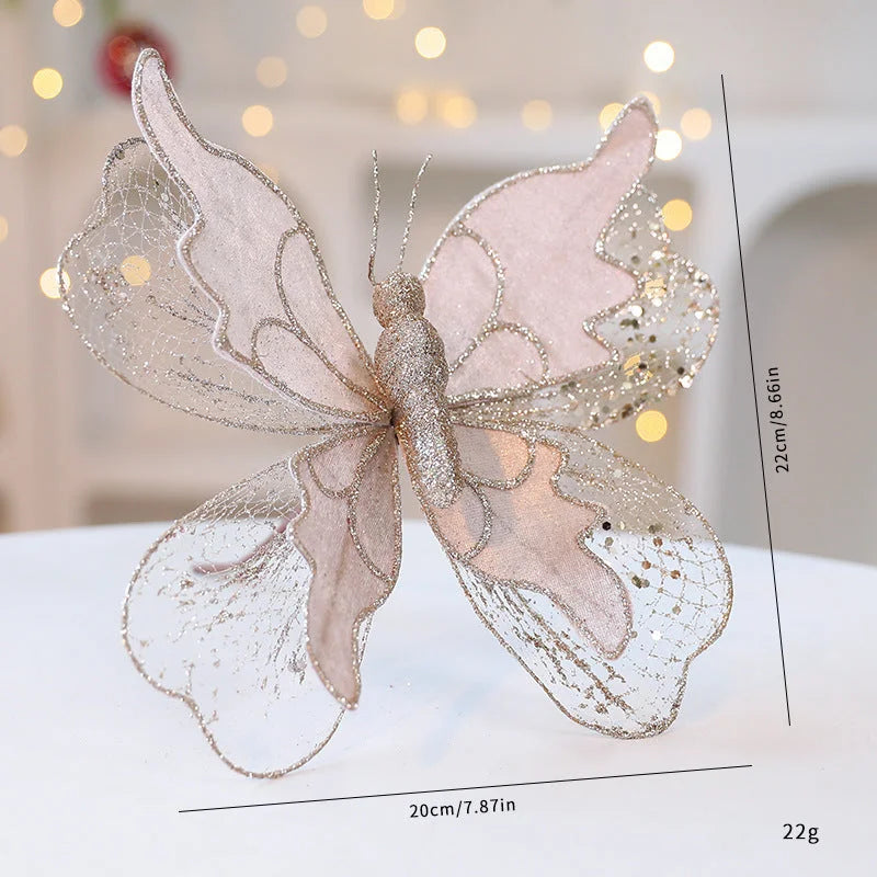 Champagne Gold Large Glitter Butterfly Christmas Ornaments