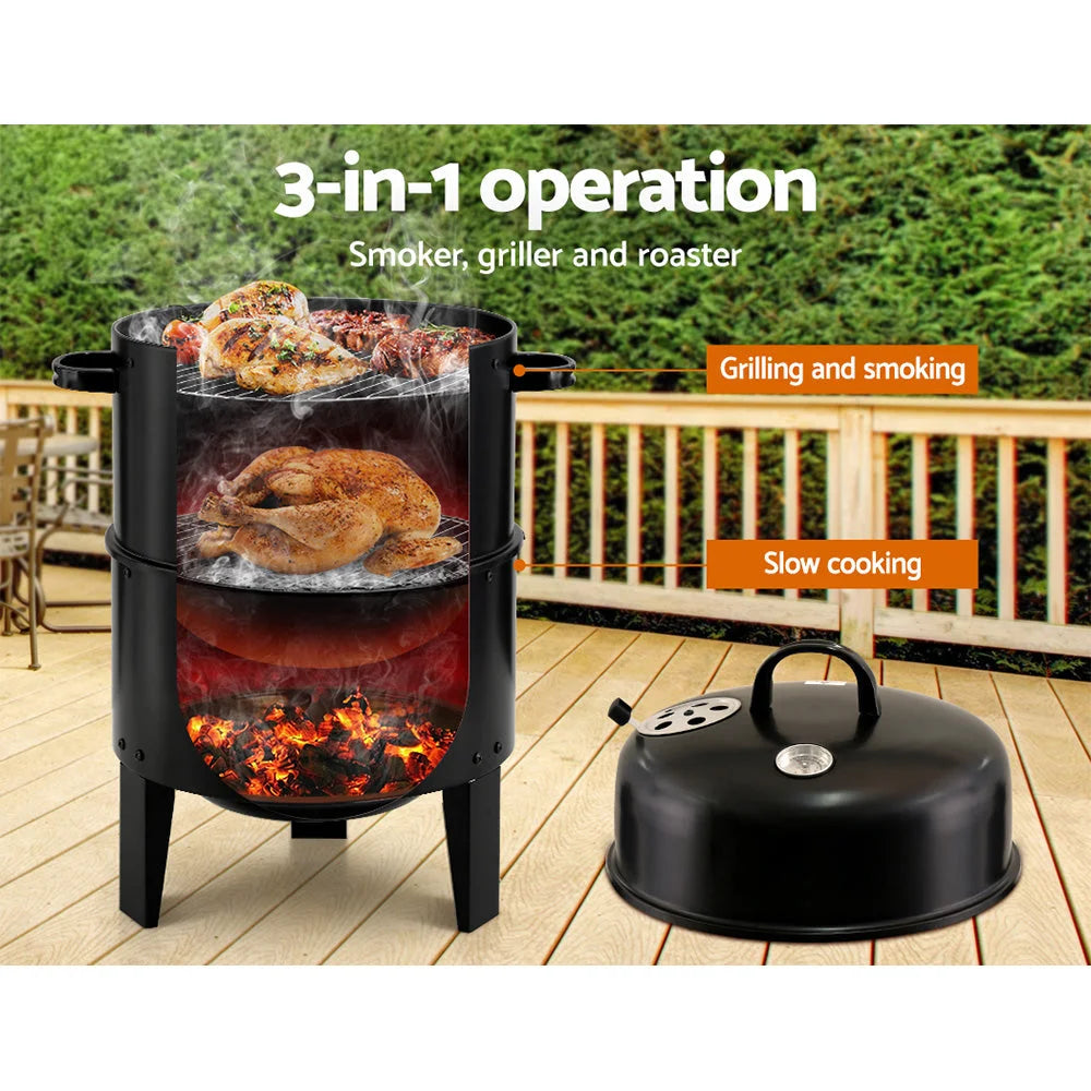 Charcoal BBQ Smoker 3-in-1 - Black - Grillz