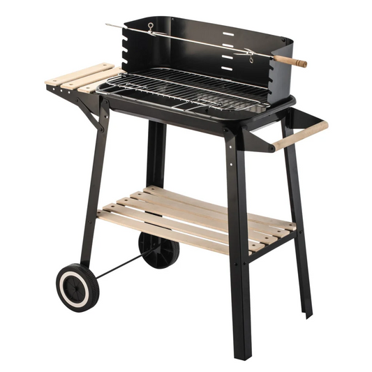 Charcoal Grill BBQ with Manual Rotisserie Stick on Trolley